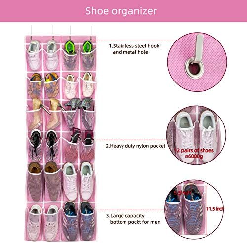 SAVERHO 2 Pack Hanging Shoe Organizer，Over Door Shoe Organizer with 24 Mesh Large Pockets Shoe Storage Bag for Sport Shoes Size:58x21 Inch Hanging Door Shoe Rack Organizer (Pink-2pack) - Image 6