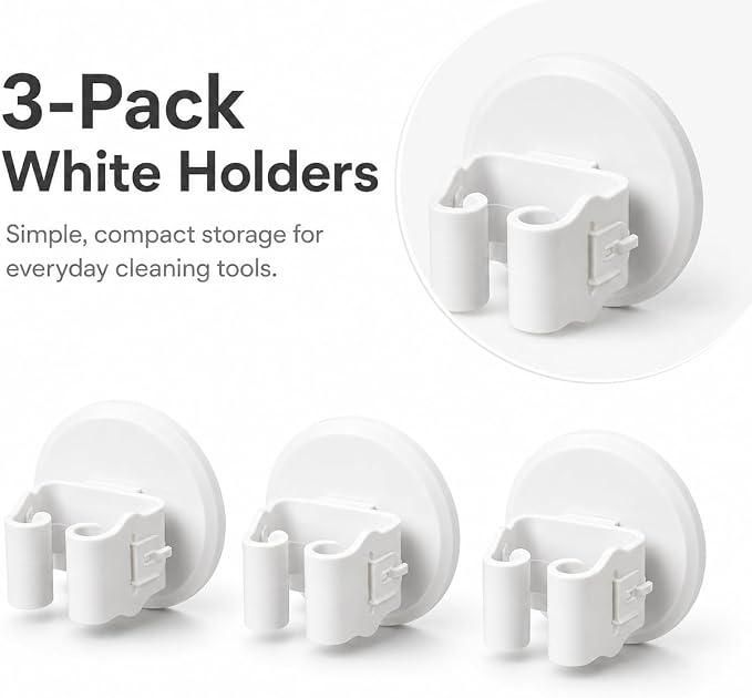 Broom and Mop Holder, Wall Mounted Round Clips, White ABS, No Drill Adhesive, 3 Pieces, Cleaning Tool Organizer for Kitchen, Bathroom, Garage - Image 2