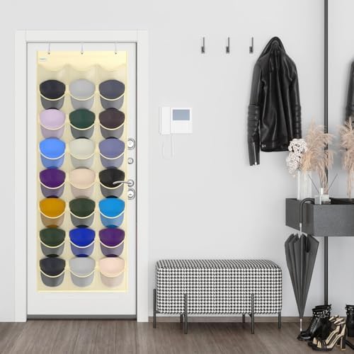 Baseball Hat Rack, 24 Pocket Over-The-Door Hat Organizer with Clear Deep Pockets to Display Baseball Caps Collection, Complete with 3 Over Door Hooks (Beige, 24 Pockets) - Image 7