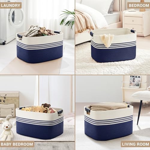 100L Large Woven Laundry Basket Hamper with Leather Handles,Navy - Image 4