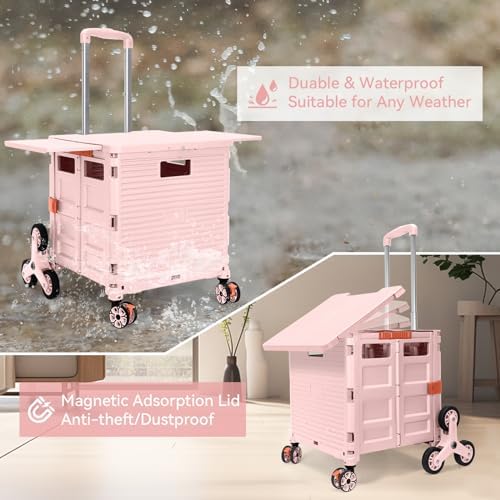 Foldable Utility Cart with Stair Climbing Wheels,Collapsible Rolling Crate with Magnetic Lid Telescopic Cover,Adjustable Telescoping Handle,360° Rotate Wheel Hand Cart for Teacher Shopping Moving - Image 6