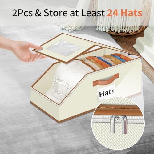 Hat Organizer for Baseball Caps - 2PCS Stackable Storage with Clear Window Lid, Flip-Top Access, Space-Saving Hat Box for Closet, Breathable Fabric (beige with brown) - Image 5