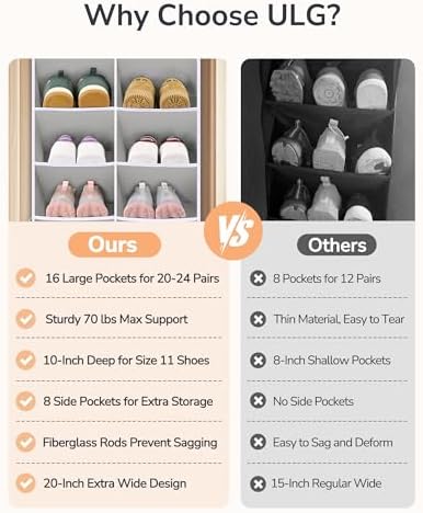 ULG Over The Door Shoe Organizer with 16 Large Pockets, Hanging Shoe Rack for Closet Door, Space Saving Shoe Storage for Boots, Heels & Sneakers,Grey - Image 7