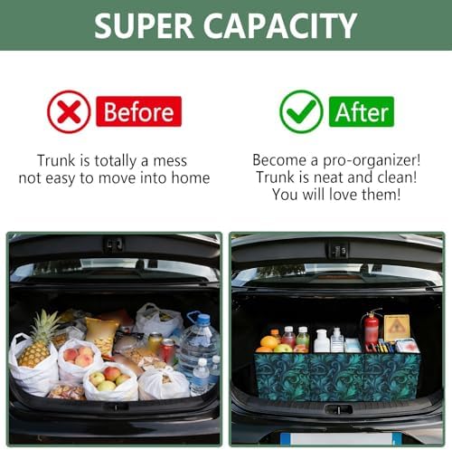Trunk Organizer Collapsible Car Organizer with Handle Car Storage Box Bin for Groceries SUV Utility Tote Bag Portable Vehicle Container Teal and Black Damask - Image 4