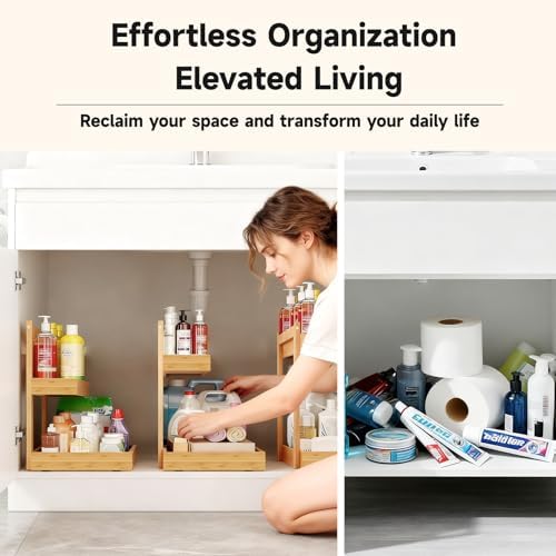 Bamboo Undersink Organizer Storage - 2-Tier Cabinet Shelf with Adjustable Levels, Under Sink Storage Slide Out for Cabinet Pantry Kitchen Bathroom (Natural, 2 Packs) - Image 3