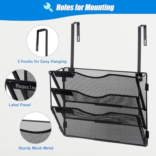 EASEPRES 3 Pocket Mesh Hanging Wall File Organizer with Hangers & Nametag Label, Wall Mounted Mail Paper Document Folder Holder, Clipboard Storage Organization Magazine Rack for Office Cubicle, Black - Image 3