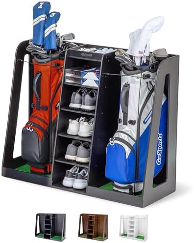 GoSports Premium Wooden Golf Bag Organizer and Storage Rack - Black, White or Brown Finish - Holds 2 Golf Bags by GoSports