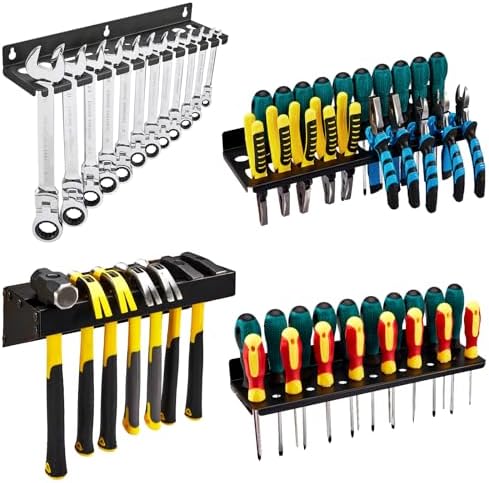 4Pcs Wall Mount Tool Organizer Set,Include Screwdriver Organizer,9mm-24mm Wrench Holder,Pliers Holder,Hammer Rack,Galvanized Steel Hand Tool Storage for Workshop,Shed,Garage,Home by Pilida