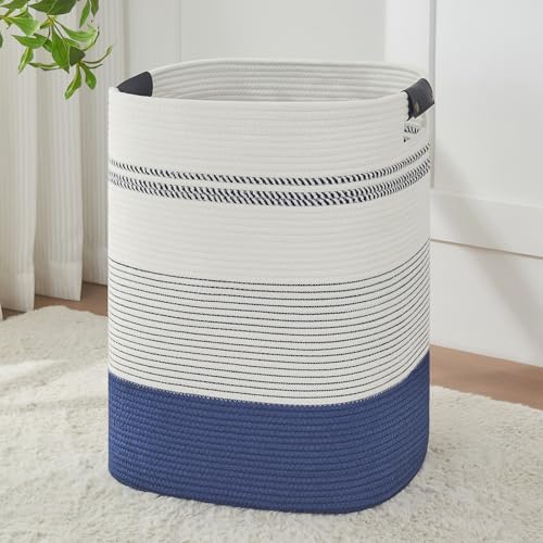AINUOQI Large Laundry Basket - Tall Woven Rope Laundry Hamper with Leather Handles - Dirty Clothes hamper for Living room, Bedroom, 17" X 13.8" X 22", Dark Blue & White by AINUOQI