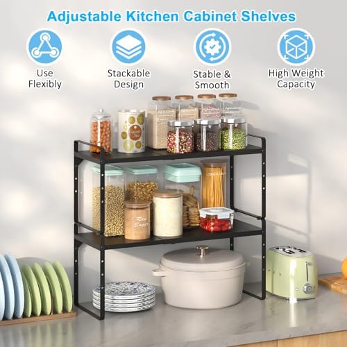 15.5 to 25.5 Inch Kitchen Cabinet Shelf Organizers, Adjustable Kitchen Counter Shelf Organizer, Set of 3 Expandable Countertop Storage Shelves, Stackable Design, 30LBS Heavy Duty, Space Saver - Image 3