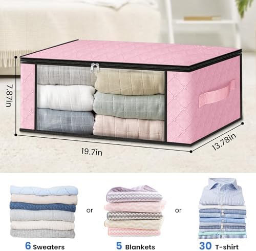 HomeHacks 3-Pack Clothes Organizer Storage Bags, 35L Storage Bins, Pink | Foldable Storage Box Container with Zippers, Clear Window, Reinforced Handles for Closet, Dorm, Pillows, Bedding, Sweater - Image 2