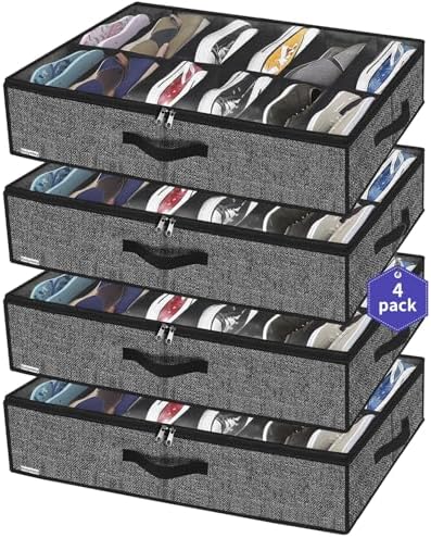 Onlyeasy Under Bed Shoe Storage Organizer For Closet, 4 Pack Fit 12x4 Pairs, Underbed Solution Shoes Container Bags with Sturdy Sidewall & Reinforced Handles, Breathable, Linen-like Black, MXAUBSB4P by Onlyeasy
