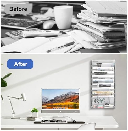 EasyPAG Wall File Holder 10 Tier Mesh Hanging Folder Organizer with Flat Tray Wall Mounted Mail Organizer Magazine Paper Desk Shelf with Nametag Label for Office Home School, Silver - Image 6