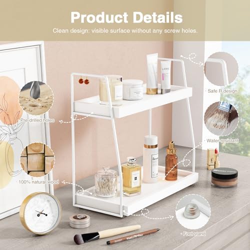 Forbena White 2 Tier Bathroom Organizer Countertop, Small Counter Top Organizer for Bathroom Decor, Modern Kitchen Counter Shelf for Snack, Vanity Makeup Organizers and Storage Tray for Bedroom - Image 7