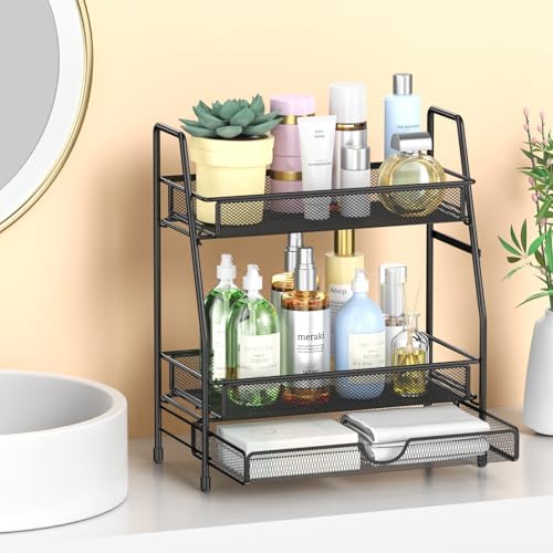 2-Tier Bathroom Counter Organizer with Drawer, Bathroom and Makeup Organizer Countertop, Easy to Install, Ideal for Bathroom organizer, Vanity, Large Skincare, Perfume, Present, and More,Black - Image 2