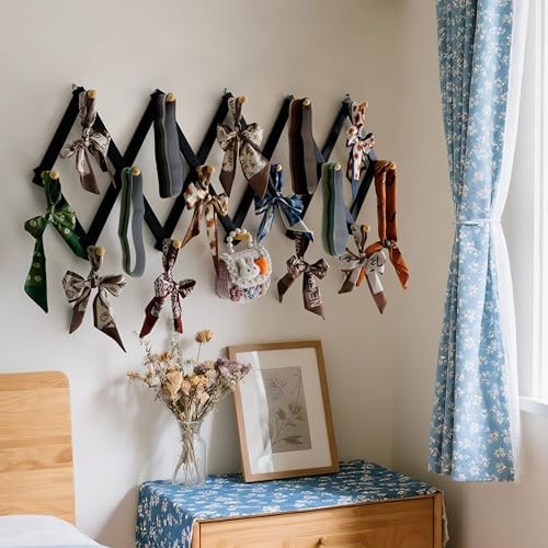 SKOLOO Accordion Wall Hanger with 16 Hooks, Modern Expandable Coat Rack Hat Rack for Wall, Solid Wooden, Natural on Black - Image 3
