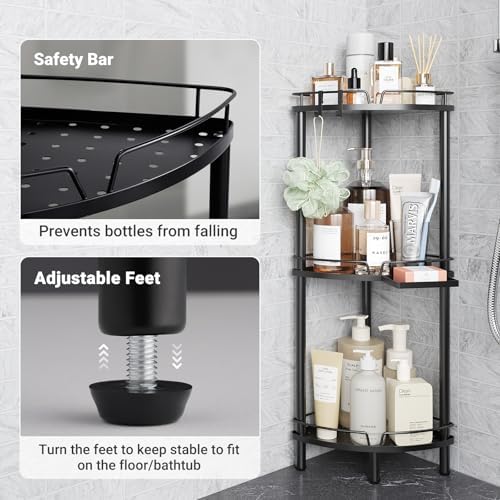 ELYKEN Corner Shower Caddy Standing, 3 Tier Metal Shower Organizer, Black - Image 5