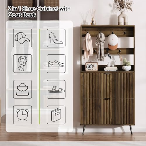 Smart FENDEE Tall Shoe Cabinet with Coat Rack,Fluted Shoe Cabinet Storage for Entryway, Walnut Hidden Shoe Cabinet with Metal Legs,Shoe Organizer Cabinet, Slim Entryway Shoe Storage Cabinet （31.5in） - Image 4