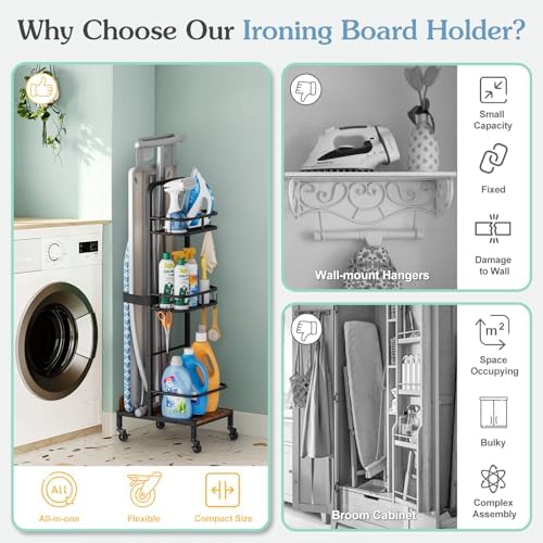Ironing Board Hanger,Iron and Ironing Board Holder No Wall Mount,Laundry Room Organization and Storage Cart with Iron Stand,Narrow Laundry Shelves Organizer Cabinet,Laundry Room Essentials Accessories - Image 5