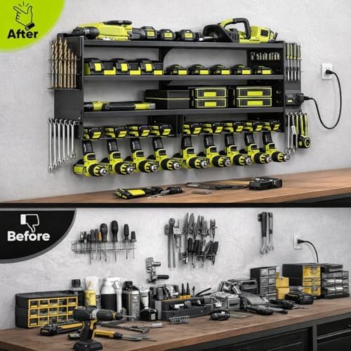 Large Power Tool Organizer Wall Mount with Charging Station, 6-Shelf Heavy Duty Metal Tool Storage Rack, Cordless Drill Holder Slots, Screwdriver Racks & Hook Bar for Garage Workshop - Image 5