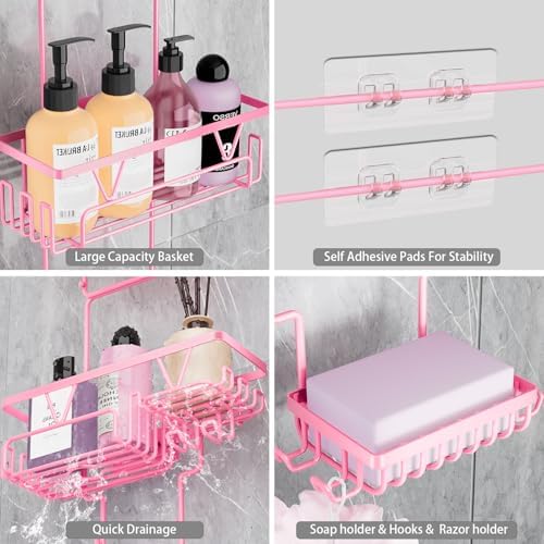 DAOYA Hanging Shower Caddy Over Shower Head, Anti-Swing Shower Organizer For Inside Shower With 2 Soap Holders, Multi Hooks, Rustproof Bathroom Accessories, Pink - Image 4