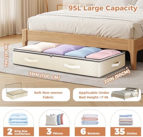 Budding Joy 6 Pack 95L Under Bed Storage Containers Beige | Underbed Storage Bags for Blankets, Towels, Comforter, Sweaters, Linen Sheets, Wrapping Paper - Image 3