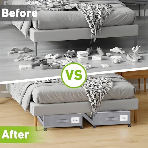 YAASHEEN Under Bed Storage with Wheels, 4-Pack Under the Bed Storage Containers with Clear Lids & Label, Underbed Storage Bins, XXL 60L Rolling Metal Drawer for Clothes, Shoes, Toys, Books - Gray - Image 7