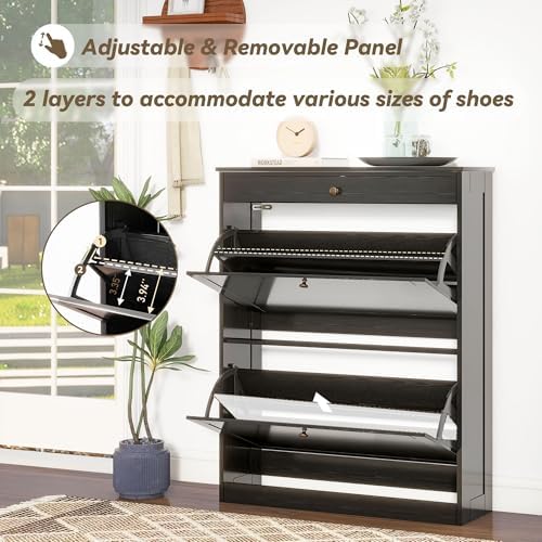 Wood Shoe Storage Cabinet, Hidden Shoe Rack Cabinet with 2 Flip Drawers - Image 5
