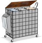 Laundry Basket with Wheels, Heavy Duty Laundry Sorter 3 Sections, 140L (37Gal.) Large Capacity Laundry Hamper with Wood Lid, 360 Rolling Wheels, Extra Side Pocket, Leather Pull Handle,Grey by Unknown