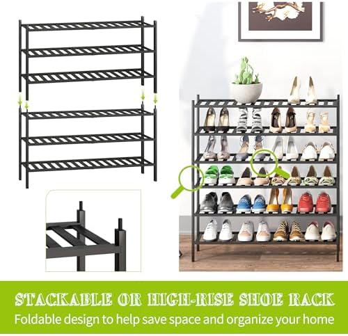 BMOSU 6-Tier Bamboo Extended Shoe Rack Premium Stackable Shoe Shelf Storage Organizer for Hallway Closet Living Room Entryway Organizer (Black Bamboo) - Image 7