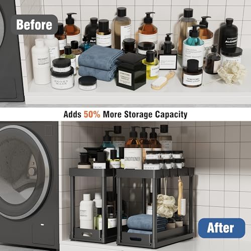 2PC Under Sink Organizer Rack 2 Tier Under Sliding Cabinet Basket Organizer Drawer with 4 Hooks, Multi-purpose Under Sink Storage for Bathroom Kitchen Desktop（Black） - Image 2