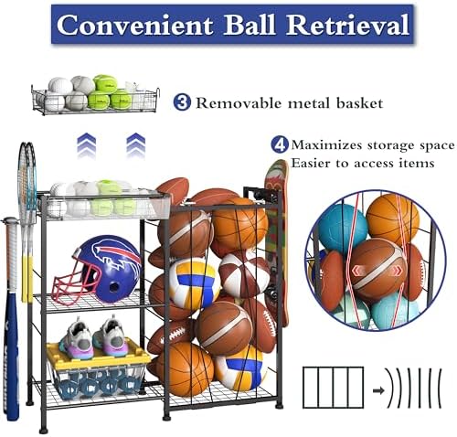 Sports Equipment Organizer, Ball Storage Rack with Elastic Straps and Removable Basket for Garage Organization, Garage Organizer with Hooks for Toy Sports Gear Storage, Sports Ball Storage Cart, Black - Image 3