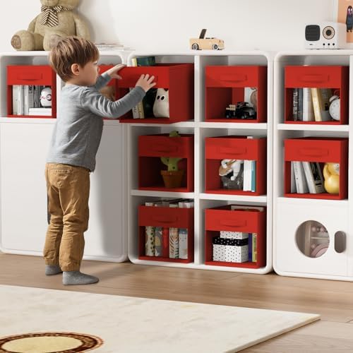 DIMJ Storage Cubes, Cube Storage Bin, 6 Pack Foldable Baskets with Window, Closet Storage Bins with Handle, 11x 11 inch Storage Cubes for Clothes, Toys, Books (Red) - Image 3