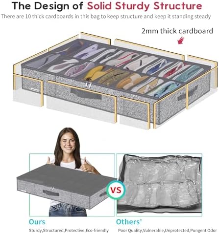 Onlyeasy Sturdy Under Bed Shoe Storage Organizers with Handles & Clear Window (16 to 32 Pairs) 2 Pack, Closet Shoes Containers Boxes for Kids & Adults, 37.7"x23.6"x5.9", Linen-like Grey, MXDUBS16P2 - Image 6
