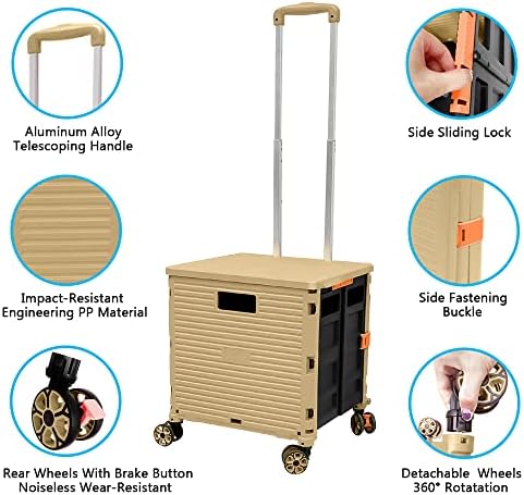 FELICON SELORSS Foldable Utility Cart Folding Portable Rolling Crate-Khaki - Image 2