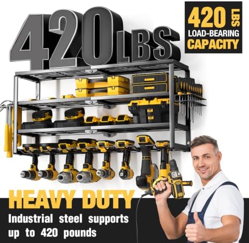 YYR 4 Layer Power Tool Organizer Wall Mount, Cordless Drill Hanger Storage Rack, Battery Tools Holder with Charging Station Shelf for Garage Organization, Workshop, Pegboard, Shed - 32 Inch 8 Slots - Image 4