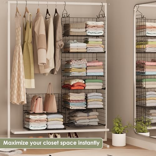 Hanging Closet Organizer and Storage - 8 Tier Closet Hanging Organizer Shelves, Metal & Foldable Hanging Storage Organizer Baskets with Adjustable Dividers for Clothing Sweaters Shoes Handbags - Image 6