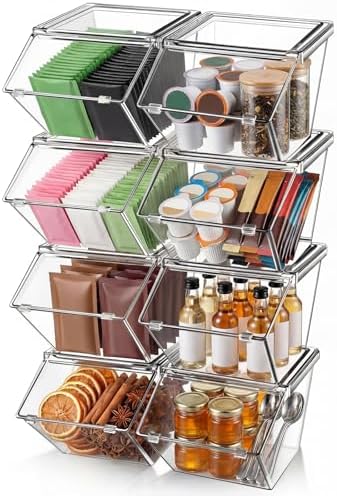 Yerliker 8 Pcs Clear Plastic Storage Bins with Lids Stackable Pantry Storage Organizer Kitchen Cabinet Organizers Ideal Containers for Coffee Pod Tea Sugar Bag Cabinet Home (Extra Large) | Pantry Organizer for Kitchen Cabinet, Ideal for Coffee Pod Tea ... by Yerliker