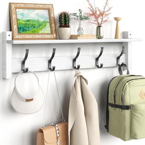 Optish Coat Rack Wall Mount with Shelf, 24 Inch Coat Hanger Walls Mounted, Hat Rack for Walls, Shelf with 5 Coat Hooks, Wall Hanger for Entryway (White) by Optish