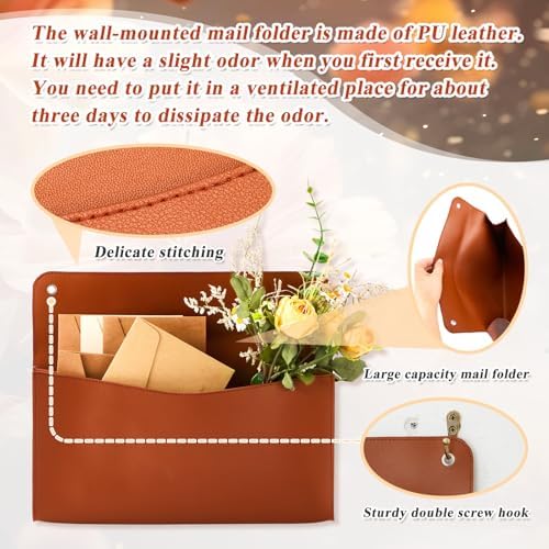 Marspark 2 Set PU Leather Mail Holder Wall Mount 12.2x10.24 Inch Leather Letter Holder 2 Ring Binder Hanging Wall File Organizer Mail Sorter for Decor Storage Letter Postcard Flower Home Office(Brown) - Image 3