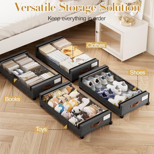 Yecaye 60L Under Bed Storage with Wheels, 2 Pack, Hemp Grey | 360° Rolling Wheels, Clear Lids & Label, Reinforced Handle, Rolling Metal Drawers for Clothes, Blankets, Shoes in Bedroom - Image 6