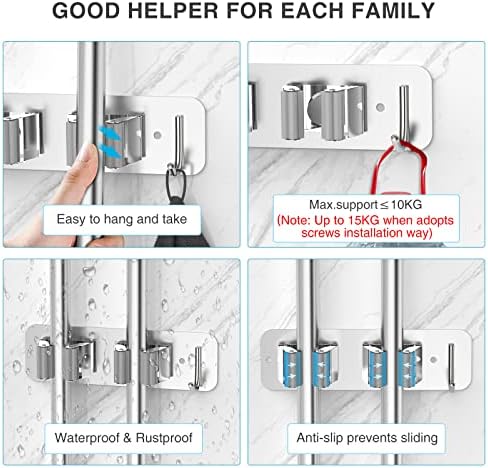 homeasy Wall Mount Mop and Broom Holder, Heavy Duty Stainless Steel Organizer Rack with Hooks | 2-Pack, 2-in-1 No Drill & Screw Installation, Silver - Image 4
