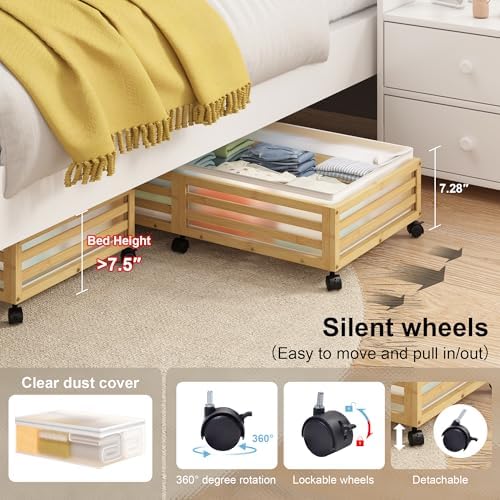 Under Bed Storage with Wheels-Large Bamboo Underbed storage Containers with Large Dust Bag Stackable Under the Bed Shoe Storage Bins for Clothes Books Bedding (2 Packs Nature, 33.07"L×16.54"W× 6.5"H) - Image 2