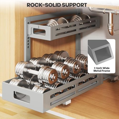 2 Pack 19IN-Depth Under Sink Organizer,Pull Out Cabinet Organizer With Smooth Cylindrical Rail,Metal Slide Out Drawer for Kitchen Bathroom Laundry,8-Level Tool Free Height Adjustable-Gun Gray - Image 3