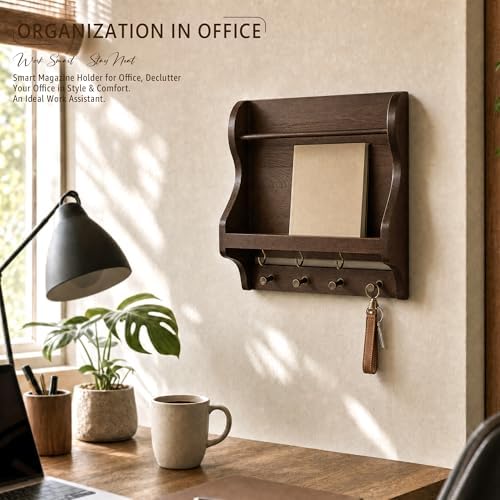 Pine Wood Mail Organizer Wall Mount with 7 Key Hooks for Entryway, Brown - Image 3