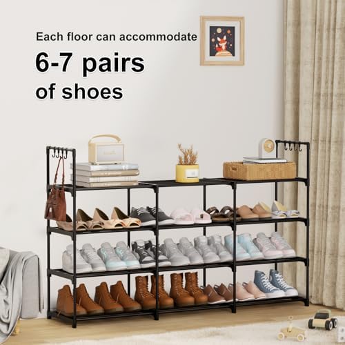 3 Row 4 Tier Long Shoe Rack, Black Metal Stackable Shoe Shelf with Multifunctional Hooks, Shoe Storage Hold 24-30 Pairs, Space Saving Shoe Organizer for Closet,Wide Shoe Rack - Image 7