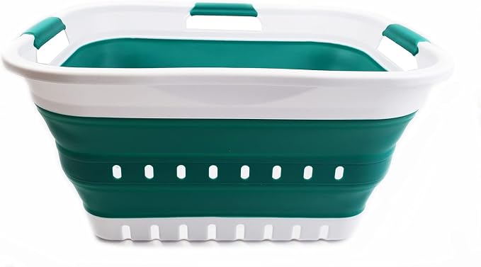 SAMMART 30L (8 Gallon) Collapsible 3 Handled Plastic Laundry Basket - Foldable Pop Up Storage Container/Organizer - Space Saving Hamper/Basket (White/Dark Green) - Image 2