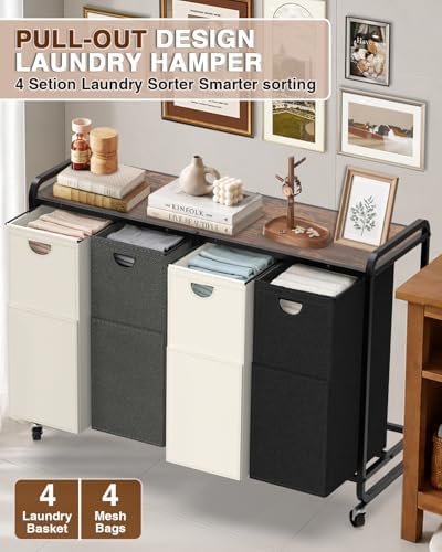 Laundry Sorter 4 Section,Laundry Basket with Wheels,4×15.8 Gal (60L) Laundry Hamper Organizer with Large Wooden Desktop Sorter,Pull-Out and Removable 900D Oxford Fabric Laundry Bags for Laundry Room - Image 5