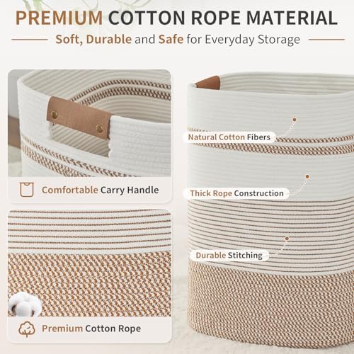 AINUOQI Laundry Basket with Handles - Blanket Basket & Hampers for Bedroom Aesthetic, Laundry Hamper & Blanket Storage for Living Room, Clothes Hamper, Tall, Large 17" x 14" x 22”, Brown & White - Image 4