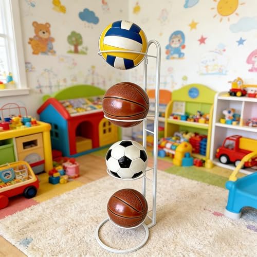 Ball Storage Rack, White Metal, 4-Tier Vertical Organizer for Basketball, Soccer, Volleyball, Sports Equipment Holder (4-Tier) - Image 3